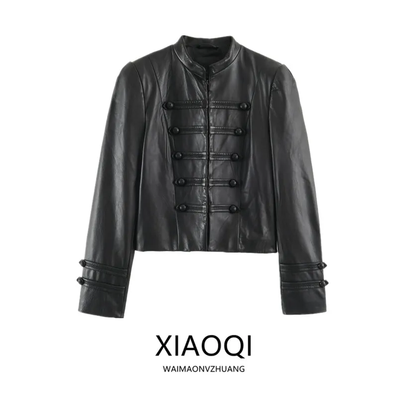Early Autumn New Arrival Women's Long Sleeve Leather Jacket with Rope Knot Buckle Stand Collar Slim Fit Commute Style 5479243
