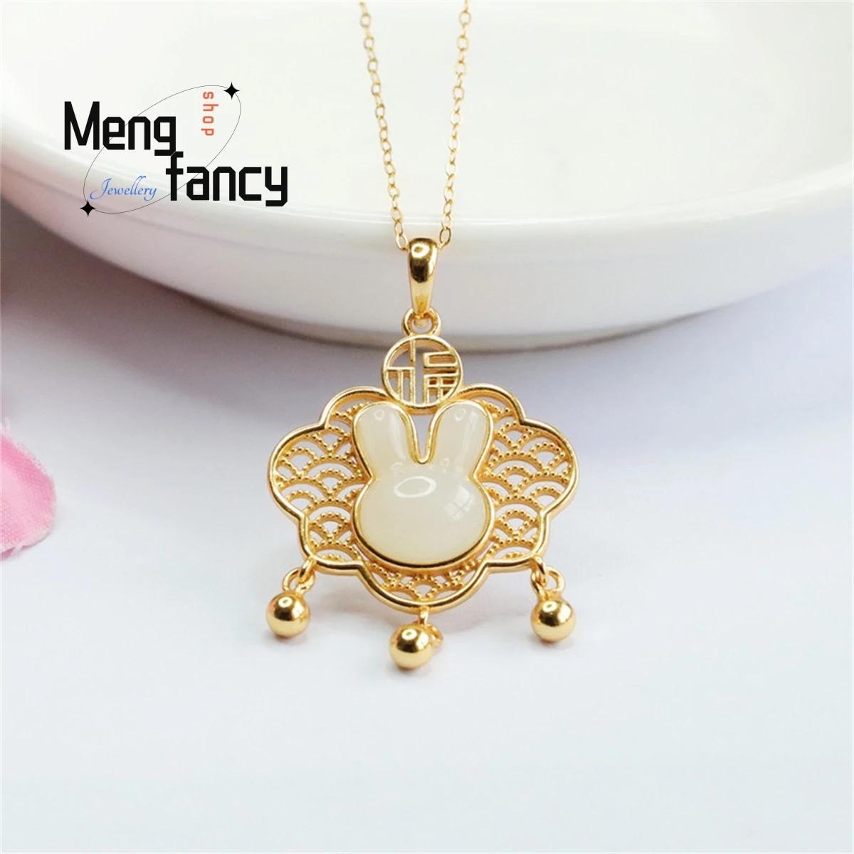 Natural S925 Silver Inlaid Hetian White Jade Rabbit Ruyi Lucky Lock Tassel Necklace Personalized Fashion Elegant Luxury Jewelry