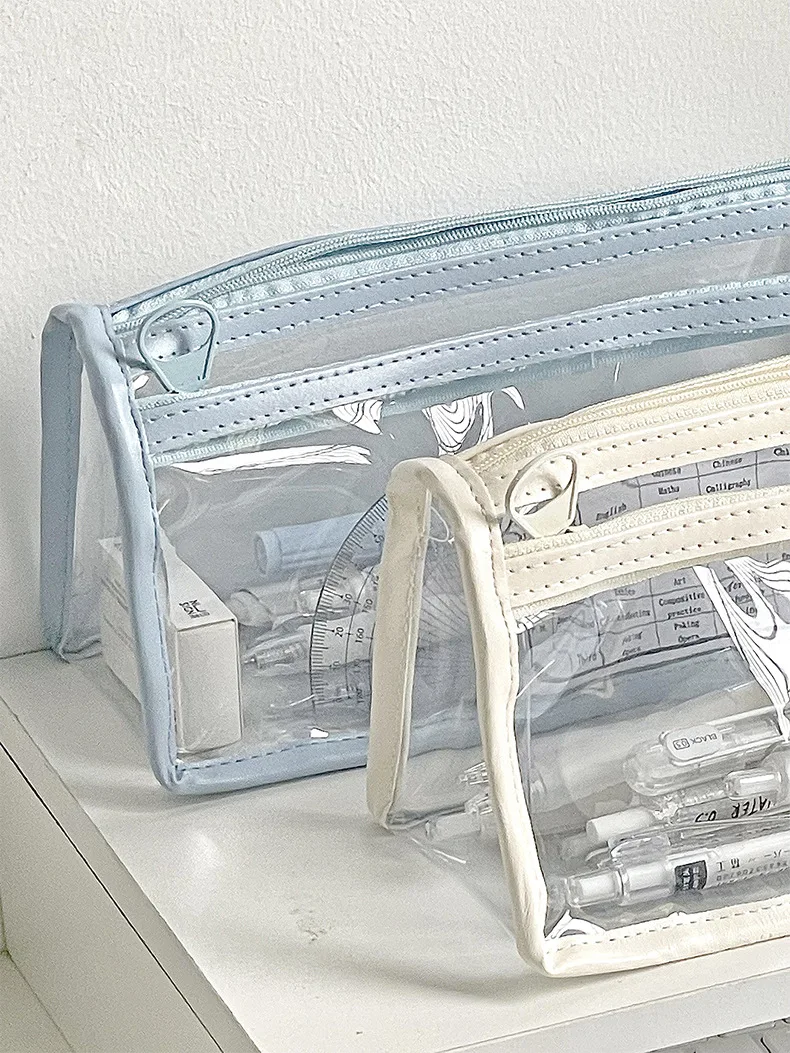 مقلمة بولي كلوريد الفينيل شفافة مقاومة للماء سعة كبيرة بطبقة مزدوجة حقيبة القلم Ins نمط حقيبة مستحضرات تجميل حقيبة التخزين القرطاسية المدرسية #2