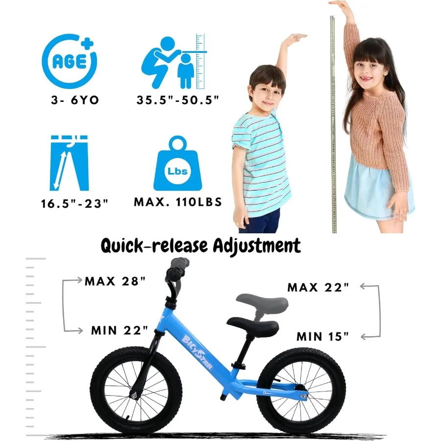 14 Inch Balance Bike for 3-6 Year Old No Pedals Air Rubber Tires Adjustable Height Pedalless Bicycle for Boys Girls Green