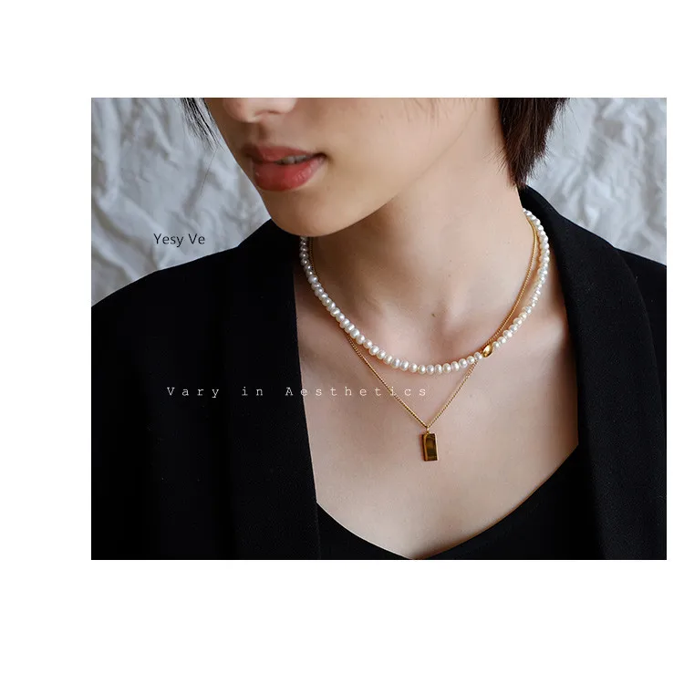 Women's Double Necklaces, Natural Fresh Water Pearls, Metal Pendant Necklaces, Vintage Fashion, Elegant Choker, Neck Chain, New