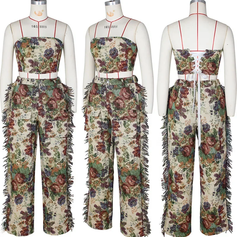 Floral Printing Two Piece Set for Women Clothing Outfit Sets Birthday Party Strapless Crop Top and Side Tassel Wide Leg Pants