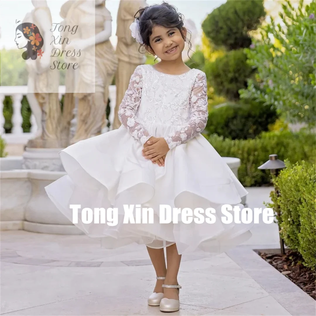 Customized Flower Girl Dresses White Satin Tulle Tiered Flowers Appliques With Bow Long Sleeve For Wedding Birthday Holy Communi