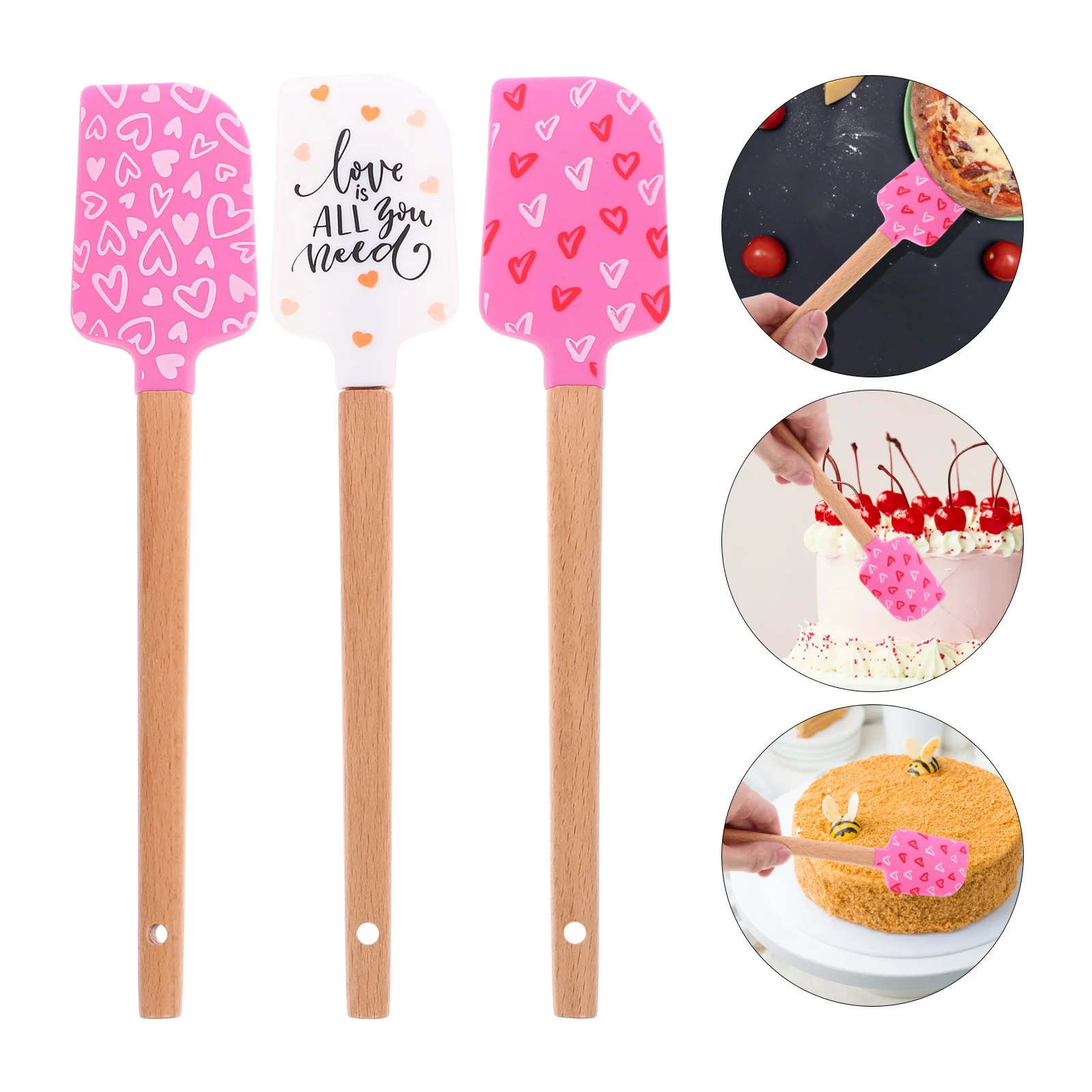 3 Pcs Kitchen Turner Valentine's Day Silicone Spatula with Wooden Handle Baking 3pcs Pink White Light Flatware Dinnerware