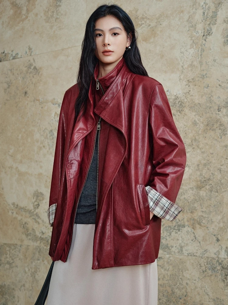 

Vintage Genuine Leather Jackets for Women Autumn Winter High-end Simple Loose Stand Collar Solid Soft Real Goatskin Leather Coat