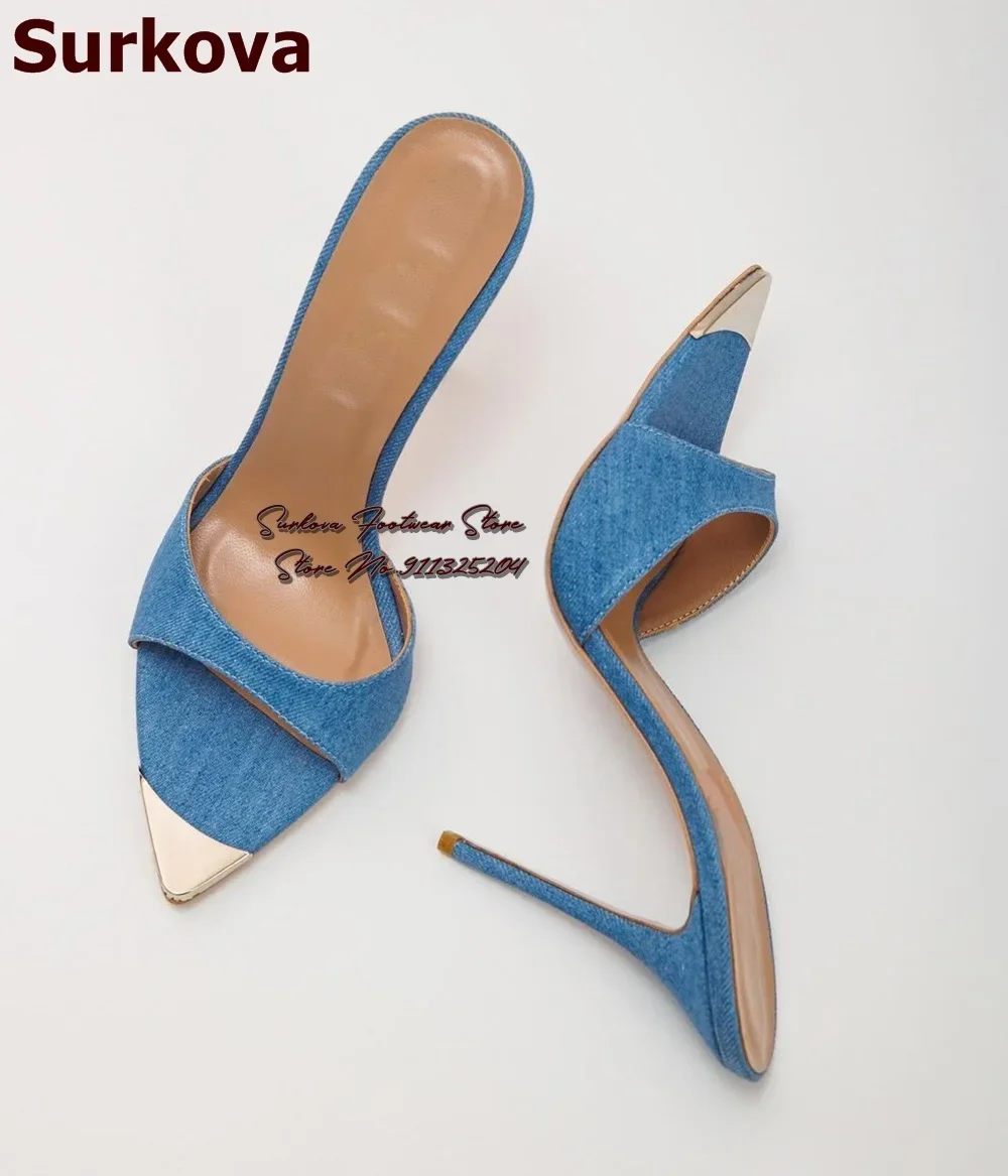 Surkova Blue Denim Stiletto Heels Modern Slippers Gold Steel Tip Toe Dress Shoes Slip-On Color Patchwork Sandals Gladiator Pumps