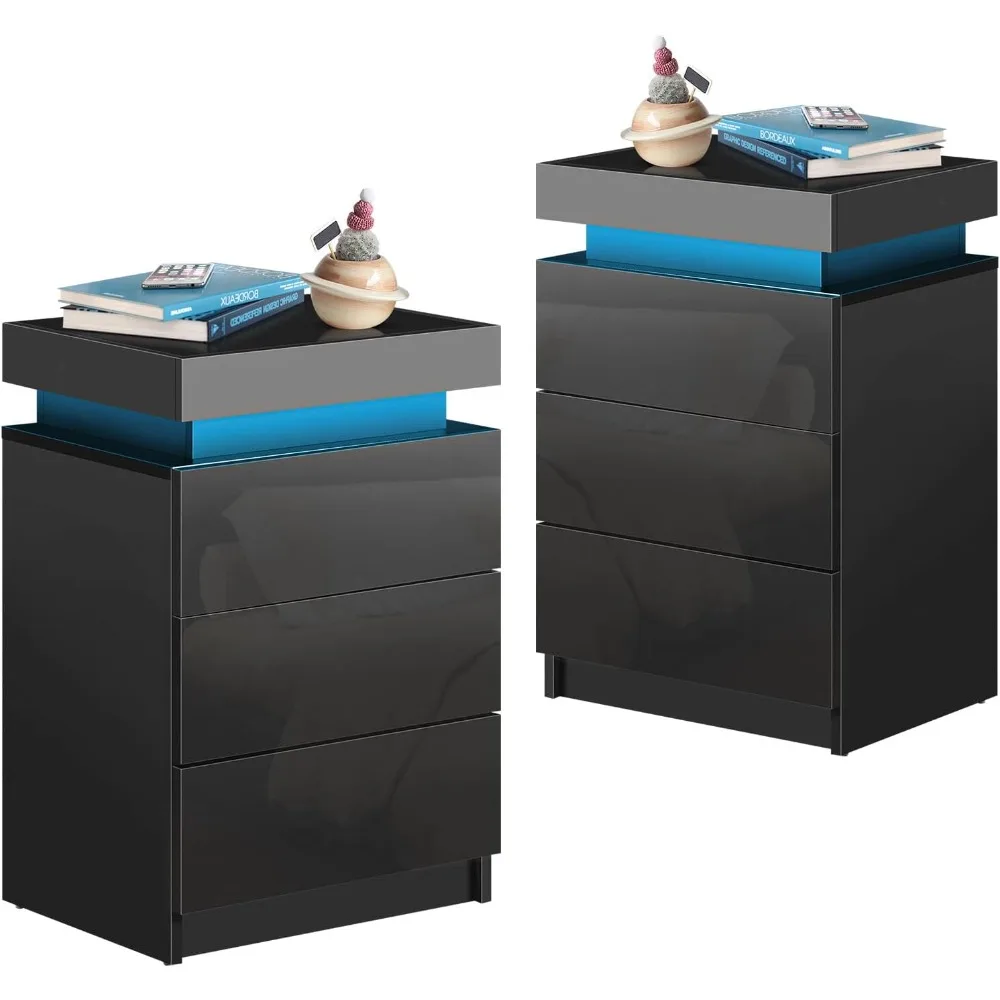 مجموعة منضدة سوداء مكونة من قطعتين مع أضواء LED، وحامل ليلي ذكي مع مساحة تخزين قابلة للطي، وطاولة بجانب السرير مع 3 أدراج شديدة اللمعان، وضعية #1