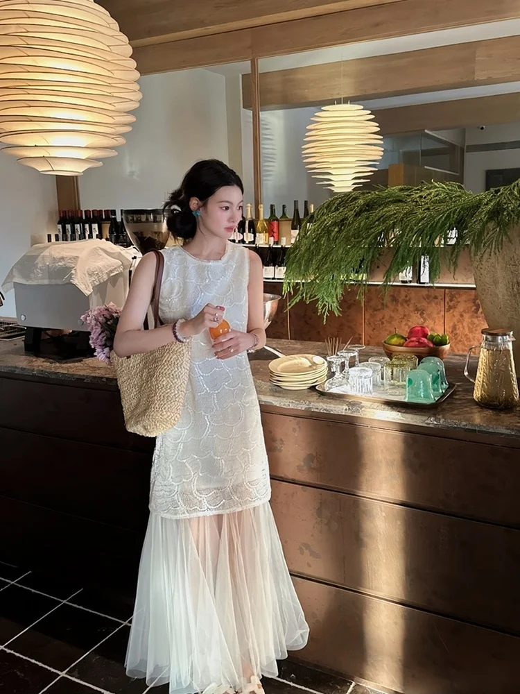 

New Chinese Style Beaded Embroidery Dress Summer Beautiful A-Line Skirt Sleeveless Loose Waist round Neck Casual Wear