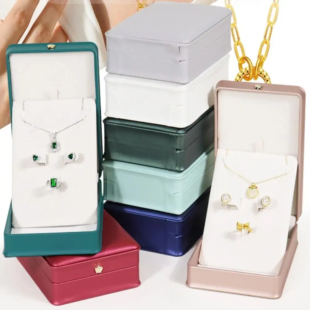 

Minimalist PU Leather Jewelry Storage Box Crown Round Edge Pendant Necklace Organizer Earrings Ring Display Case for Women