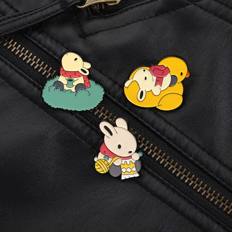 Rabbit Enamel Pin Cute Healing Style Bunny Knitting Resting Playing with Duck Toy Brooches for Backpack Jacket Gift
