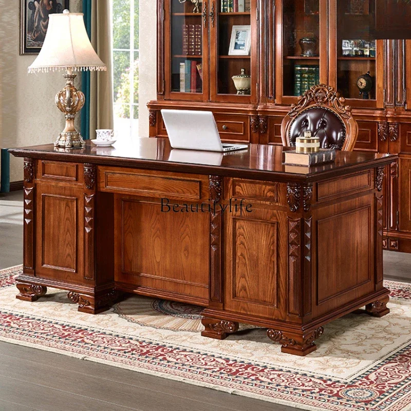 American-Style Solid Wood Boss Computer Desk Office Desk and Chair Combination European Luxury