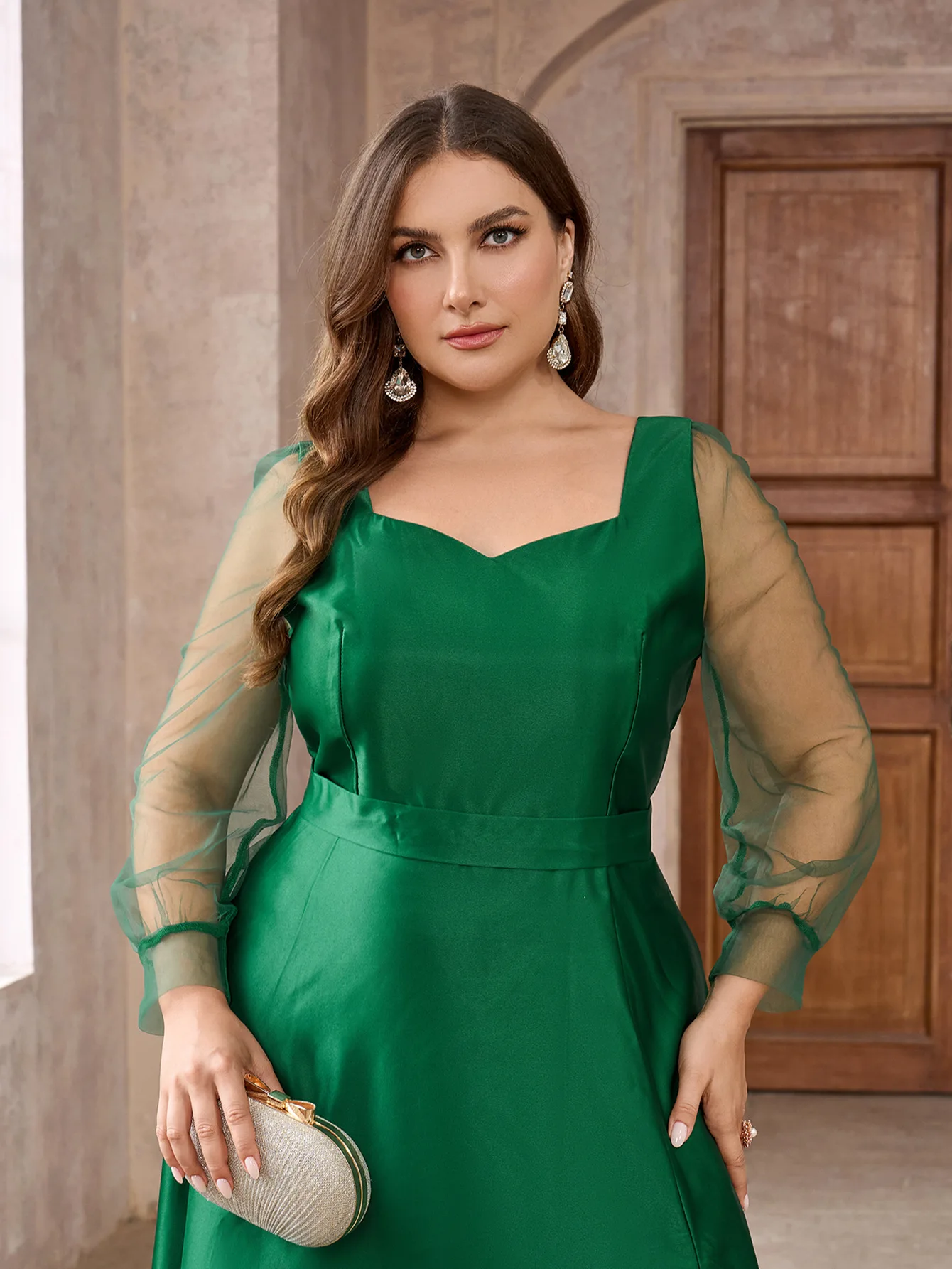 Plus Size Womens Green Satin Formal Wedding Guest Evening Party Maxi Dresses Long Sleeve Maxi Cocktail Long Dresses Vestidos