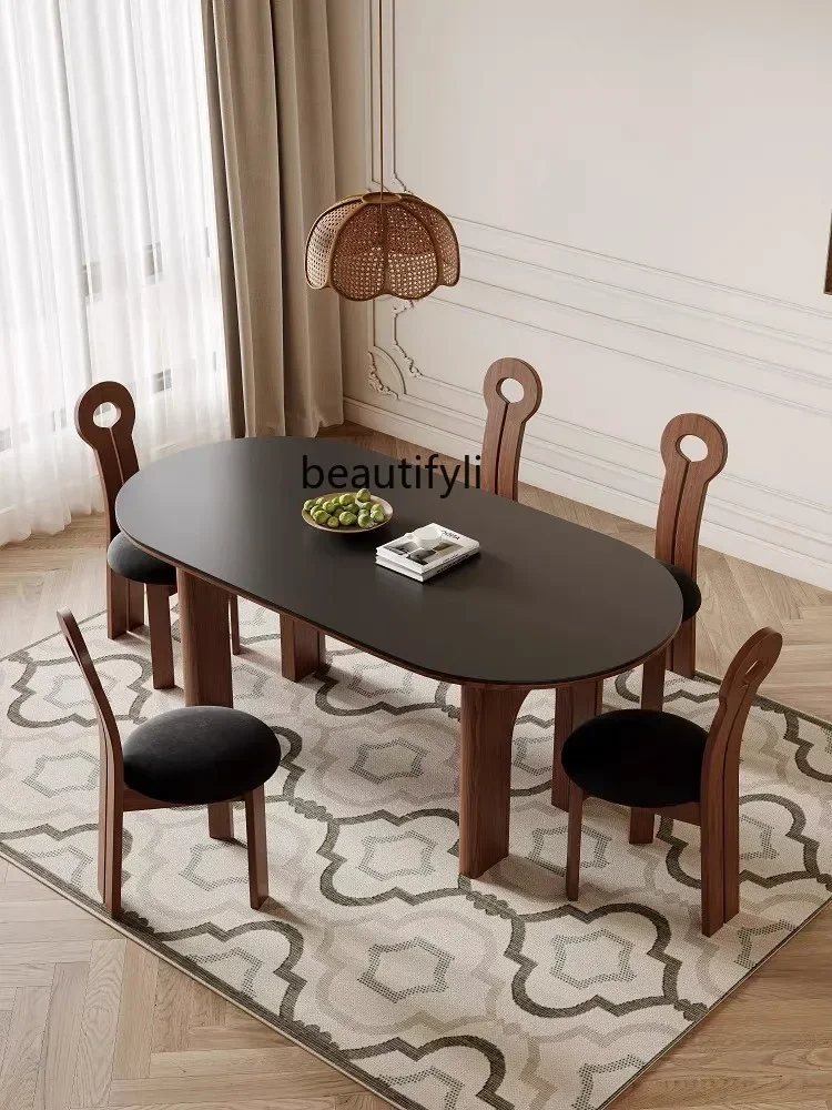 

Wood Dining Table Walnut White Wax Semicircle Kitchen Island Dining Table and Chair Stone Plate Eight-Immortal Table