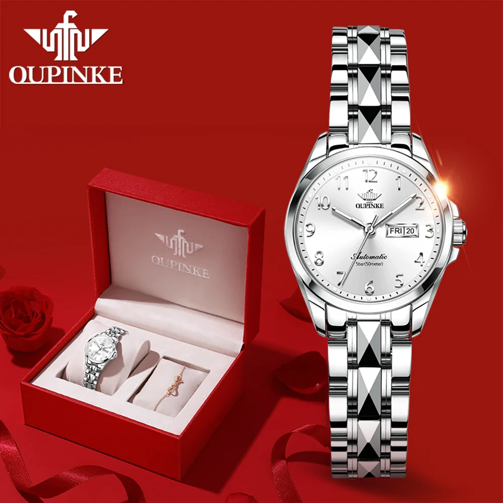 

OUPINKE Women's Watches Elegant Luxury Top Brand Automatic Wristwatch Original Japan Movement Waterproof Tungsten Steel Calendar