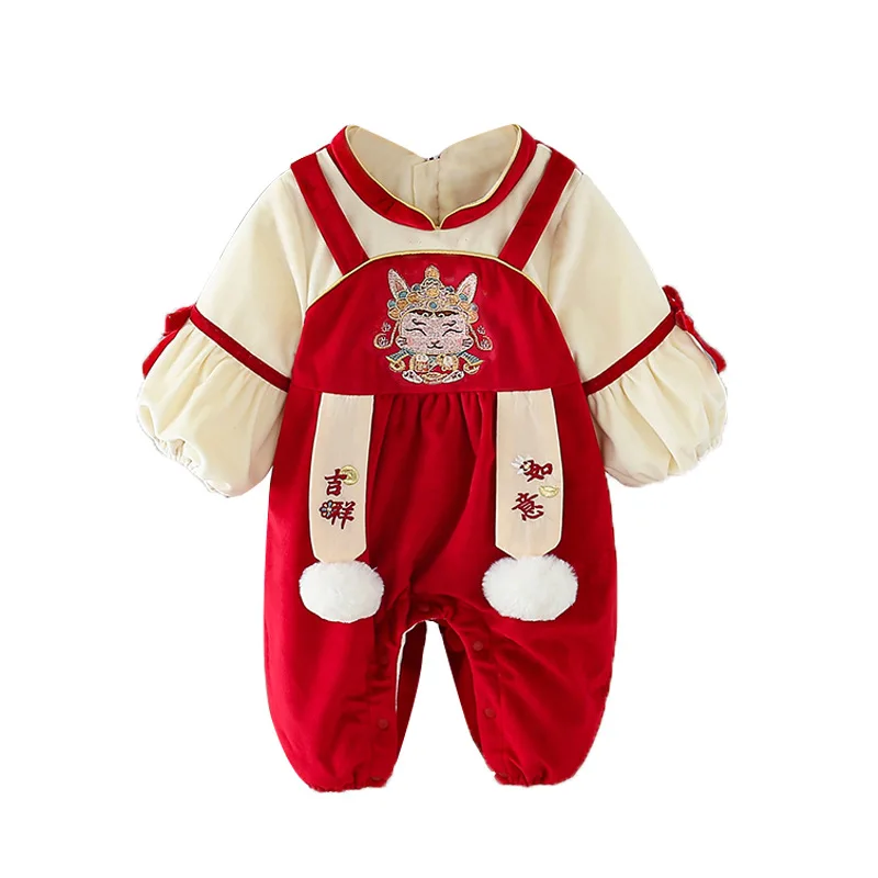 Newborn Winter Thicken Romper New Year Red Jumpsuit Baby Chinese Traditional Costumes Clothing Outfits Set