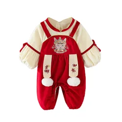 Newborn Winter Thicken Romper New Year Red Jumpsuit Baby Chinese Traditional Costumes Clothing Outfits Set