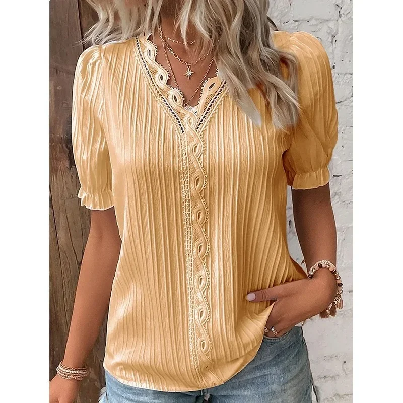 2025 New Summer Women's Top Solid Sexy V-Neck Hollow Short Sleeve Shirt Fashion Splice Plus Size Blouse Loose Street Apparel