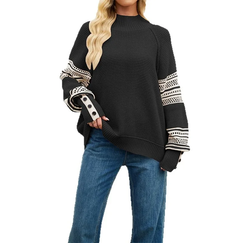 

Knitted color blocked tops semi high neck fashionable pullover sweater