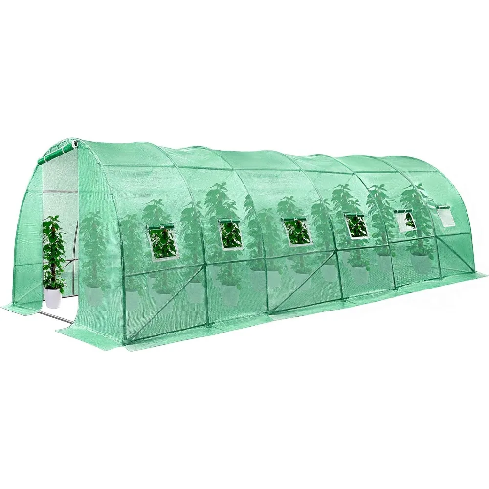 

20x10x7 Ft. Garden Greenhouses, Greenhouse Tunnel with Green PE Cover, Roll-up Zipper Door and Window, Walk in Greenhouse