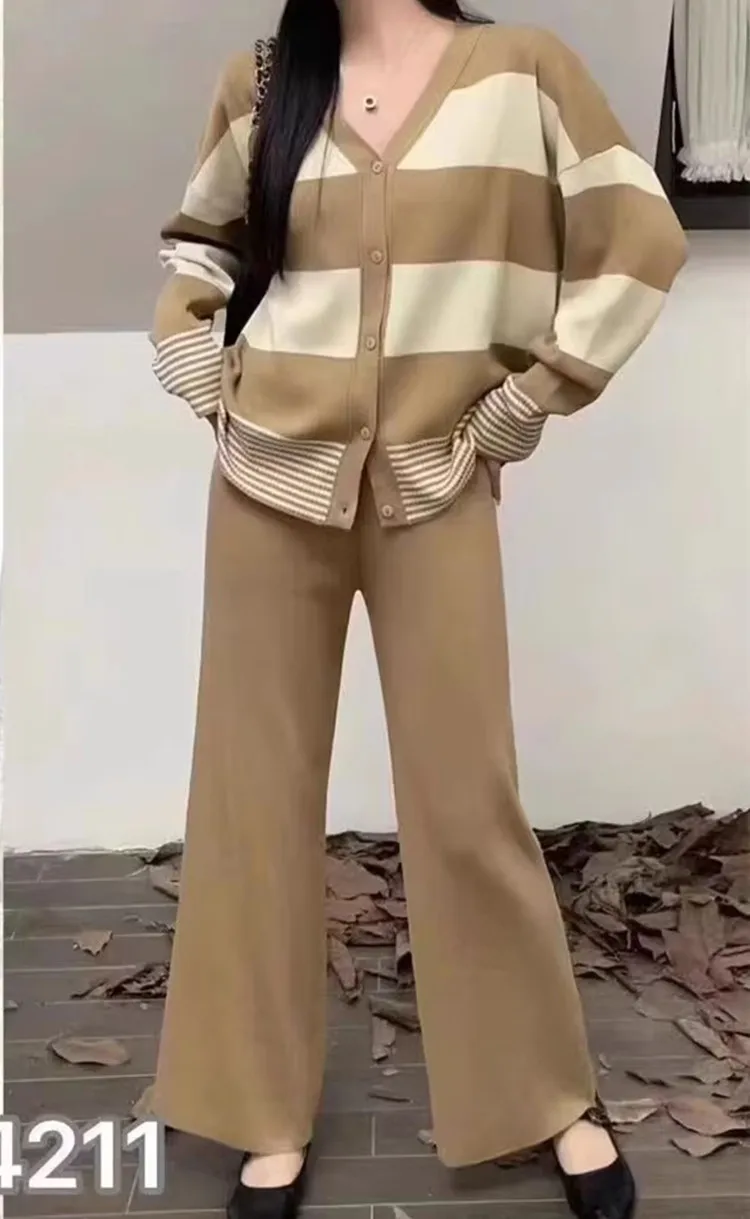 

2-Piece Knitted Outfits for Women Long Sleeve Cardigan Loose Wide Leg Pants Sets V-Neck Striped Casual Autumn New 2023