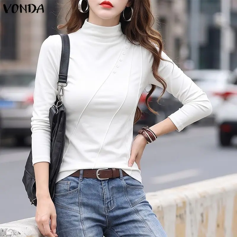 Casual Women Blouses VONDA Solid Color Blusas Long Sleeve Tops Spring Autumn Pleated Blusas Streetwear Turtleneck Tee