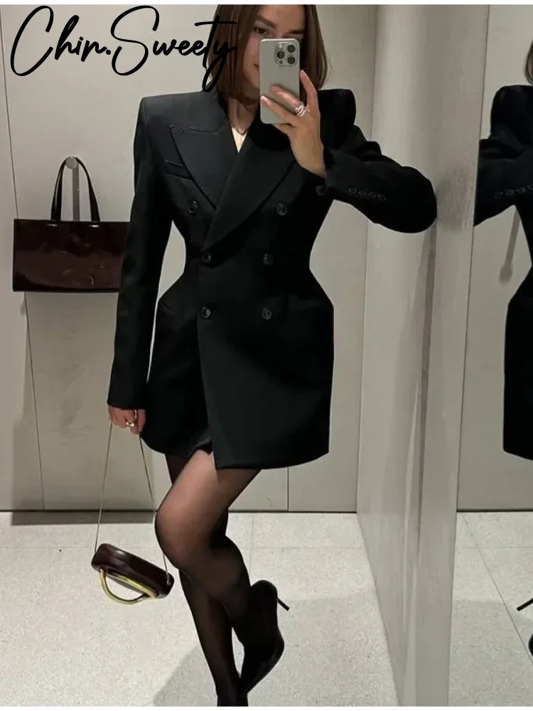 

Elegant Double Breasted Blazer Coat Women SlimTurn-down Collar Long Sleeve Jacket 2025 Spring Office Lady Commute Outerwear