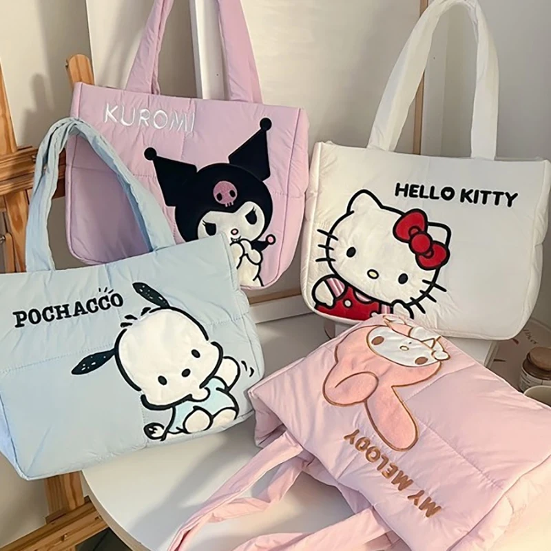 

Sanrio Kawaii Hello Kitty Kuromi Tote Bags Cute My Melody Pochacco Cartoon Down Cotton Large Capacity Shoulder Bag Gifts Girls