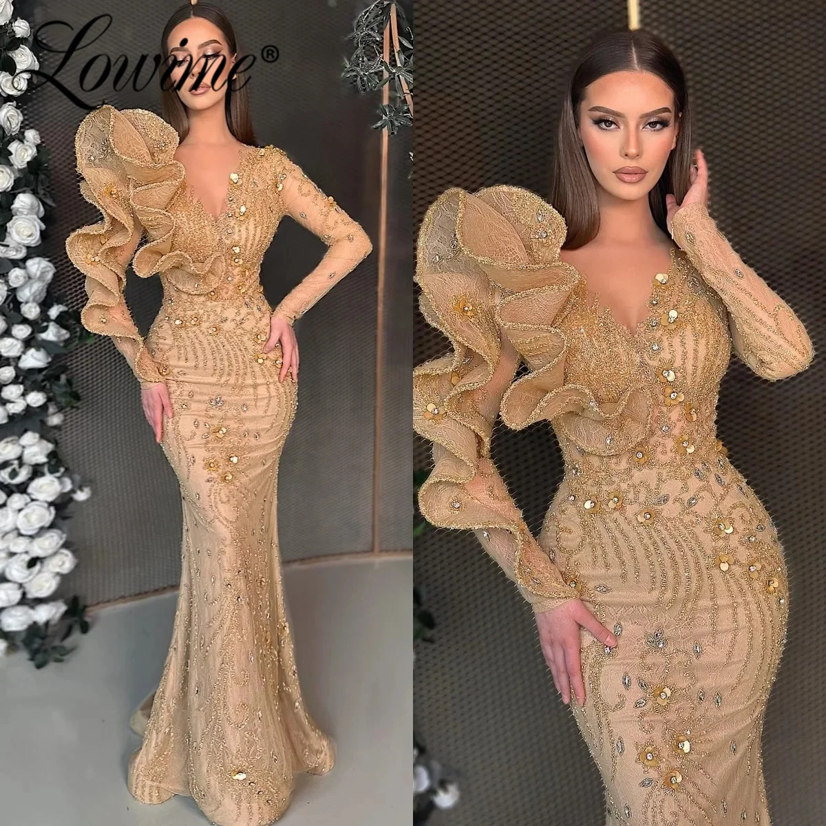 Vintage Ruffles Lace Party Dresses Arabic Deep Champagne Long Sleeves Evening Gowns Women Mermaid Plus Size Crystals Prom Dress