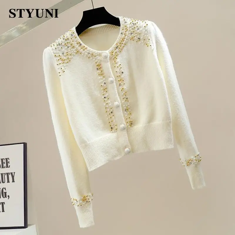 Yellow Embroidered Flares O-Neck Chic Long Sleeve Acrylic Knitted Women's Sweater Korean Fashion Thick Cardigan Autumn Winter