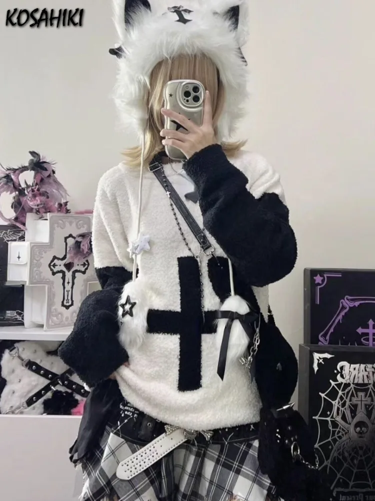 Japanese Kawaii Sweaters Women Tops Autumn Grunge Loose Cross Gothic Pullovers Y2k Aesthetic Contrast Vintage Knitted Jumpers