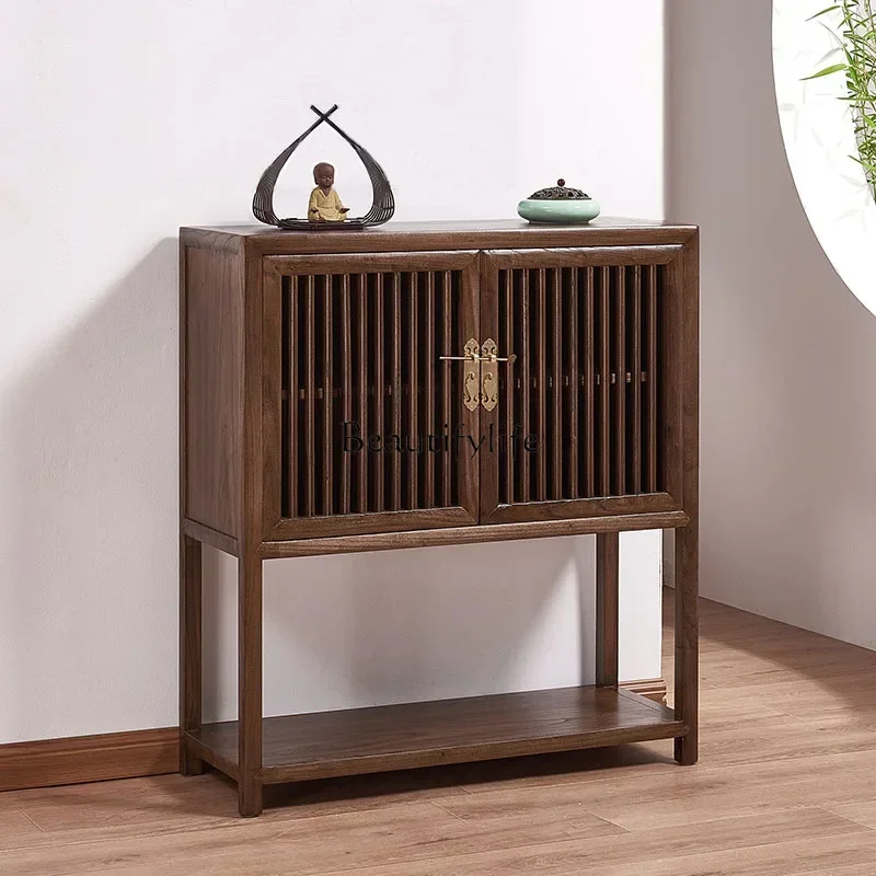 35FG26Modern New Chinese Style Solid Wood Sideboard Old Elm Zen Black Walnut Wooden Hallway Simple Locker