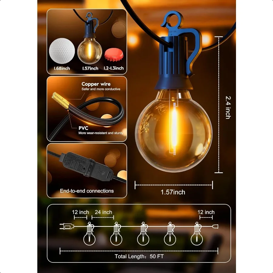 Guirlande lumineuse d'extérieur, 50 pieds, 25 ampoules G40, incassable, pour Patio, étanche IP65, variable, suspendue, Globe connecté, LED, extérieur