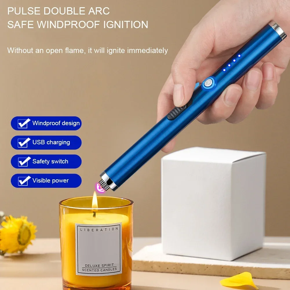 Metal Long Windproof Pulse Arc Flameless USB Plasma Electric Lighter LED Display Power Outdoor Kitchen Candle Lighter Men's Gift