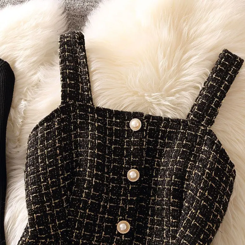 女性秋冬ドレス新しい小さな香りのよいツイードベストサスペンダーウールドレスボトムニットセーター女性ツーピースセットスーツ