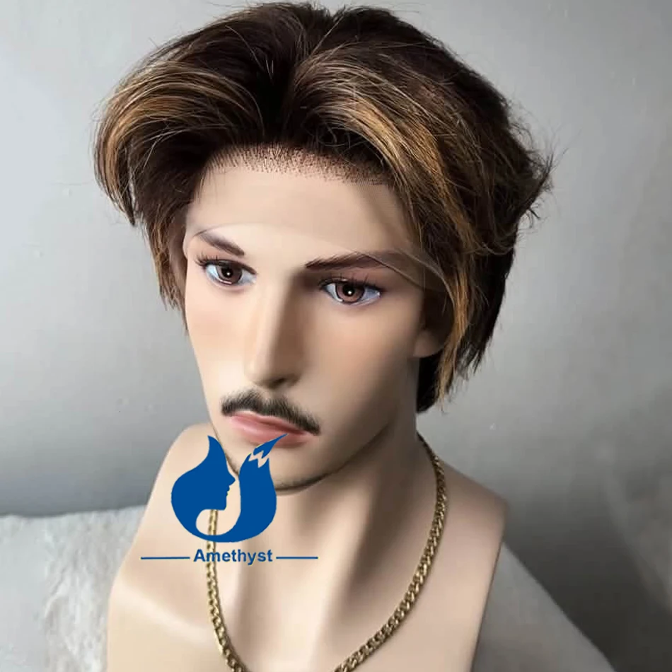 Amethyst Full Lace Highlight Wavy Short Pixie Cut Wig for Men Middle Part Dark Brown Base Brazilian Remy Hair Pre Plucked