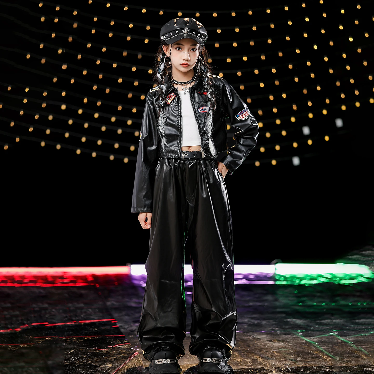 2025 kinder Hip Hop Dance Kostüme Für Mädchen Schwarz Crop Tops Leder Hosen Anzug Straße Dancewear Jazz Dance Kleidung DQS 20893