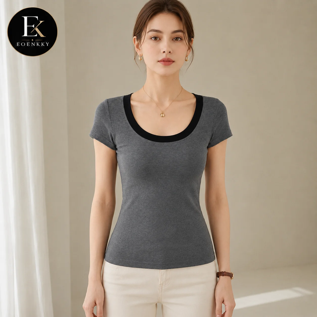 EOENKKY Women Contrast Scoop Neck T-Shirt 95%+ Cotton Slim Fit Short Sleeve U-Neck Summer Casual Basic Top S-2XL