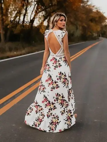 Verão novo feminino elegante vintage boho longo maxi vestido sexy sem costas festa praia vestido floral