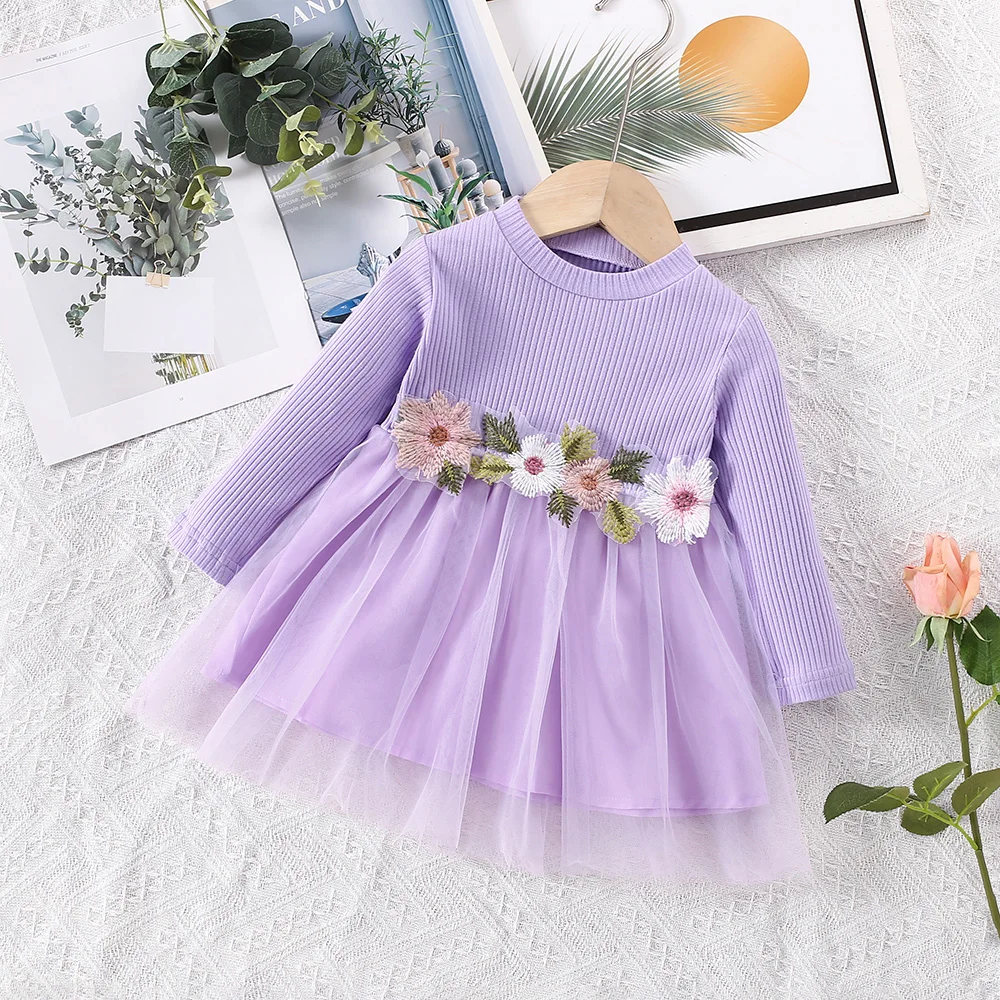 Spring and Autumn Baby Girl Dress Solid Color Long Sleeve Top Spliced Mesh Waist Embroidered Flower Princess Dress