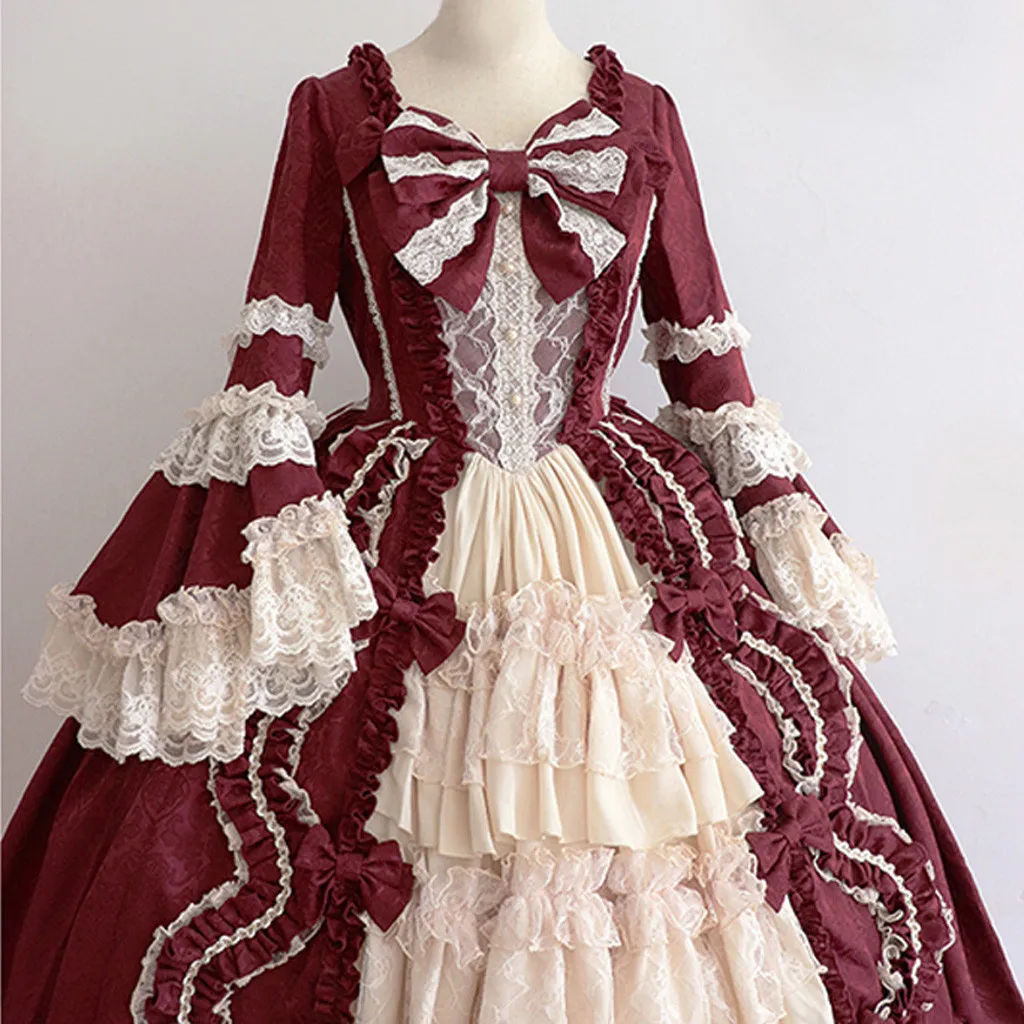 Stylish Plus Size Dress Women Vintage Square Collar Patchwork Bow Dress Carnival Middle Ages Gothic Court Victoria Dresses