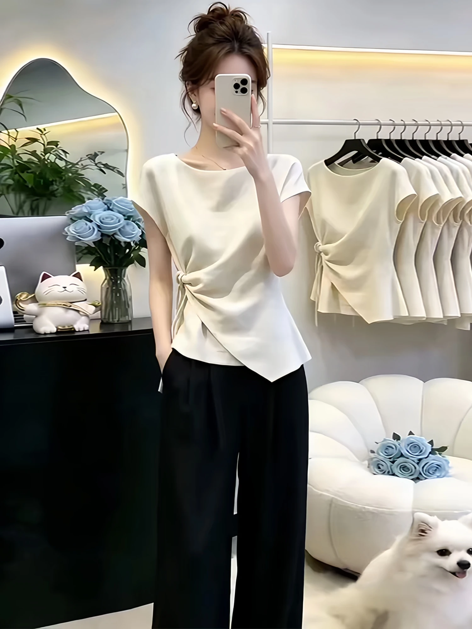 

Korean Style Casual Elegant Women's Top Summer 2026 New Loose Fit Belted Slimming Versatile Short Sleeve round Neck Shirt