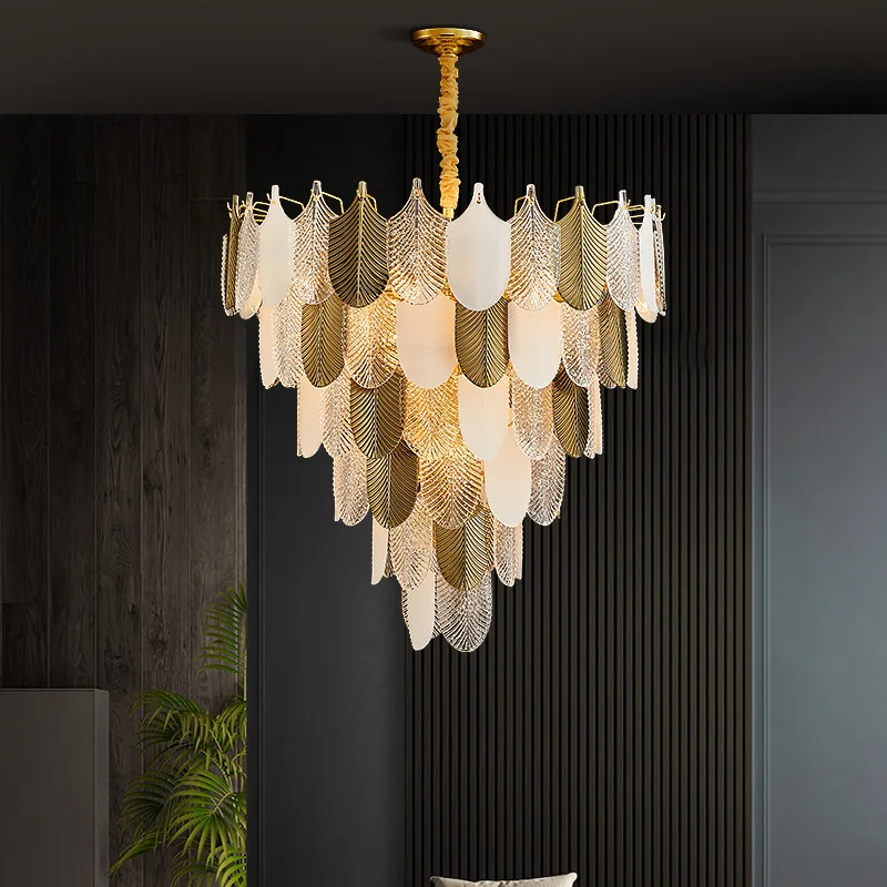 Modern LED Feather Glass Ceiling Chandeliers Luxury Villa Pendant Light Atmosphere High-end  Living Dining Room Hanging Lamp