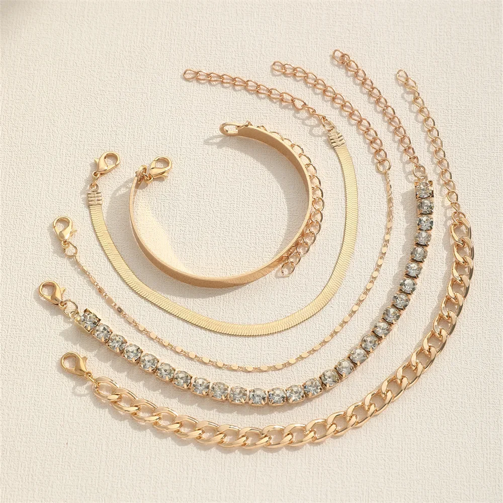 5pcs/Set Vintage Gold /Silver Color Simple Design Multielement Crystal Bracelets Set for Women  Adjustable Bangle Jewelry GIft