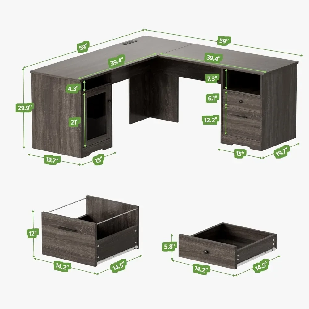 L Shaped Desk with File Drawer, 60 Inch Corner Desk with Storage Drawers & Cabinet, Large Home Office Desk with Power Outlets