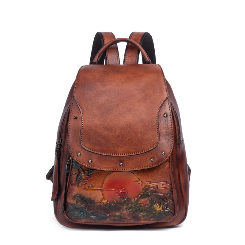 Retro Genuine Leather Backpack Women Handmade Embossed Vintage Bag Chinese Style Ladies Cowhide Backpack