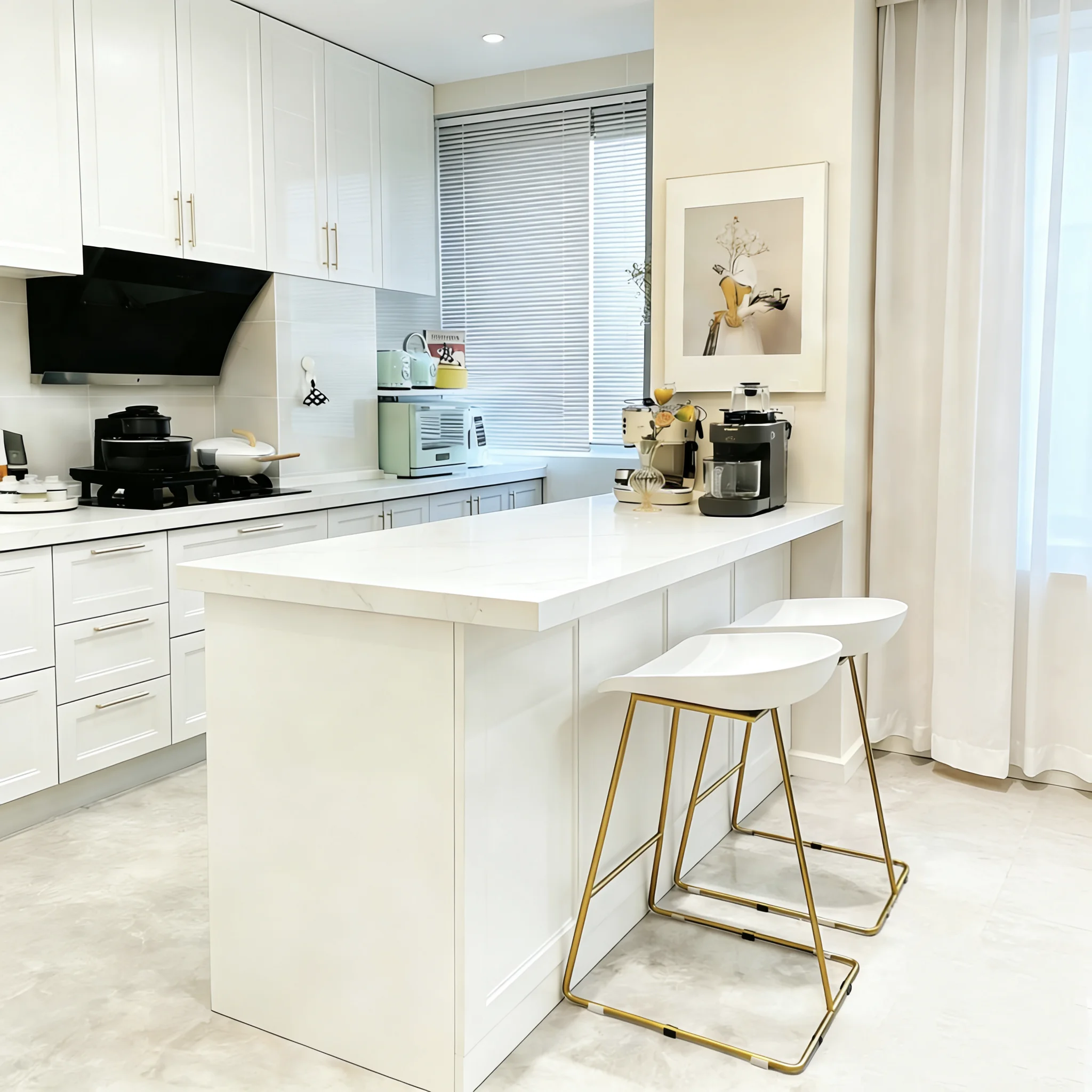 Pure white marble kitchen island table dining side cabinet integrated household island cabinet open kitchen bar customization