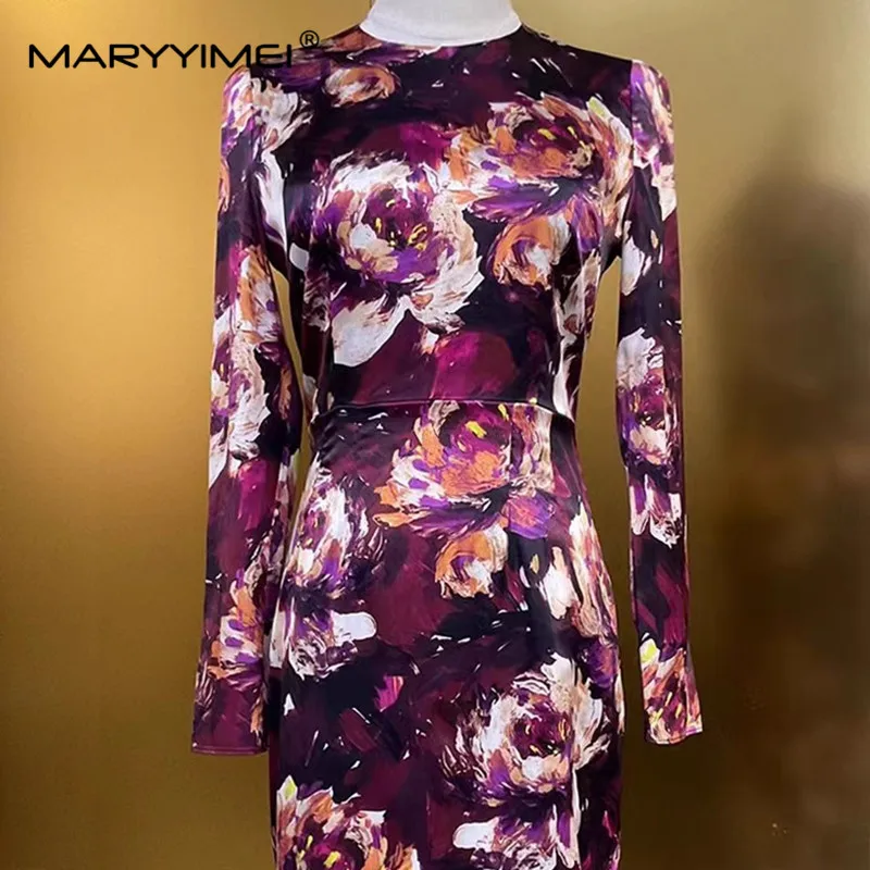 MARYYIMEI Fashion Women\'s 2024 Spring New Silk Round Neck Long-Sleeved Vintage Printed Wine Red Hip Wrap Split Pencil Dress