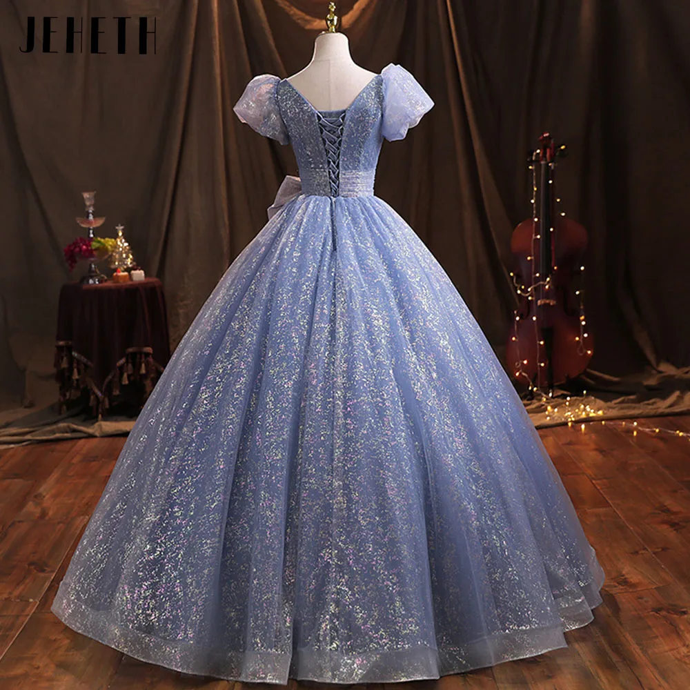 Jeheth echte Fotos Glitzer Ballkleid Puff Ärmel Prinzessin Geburtstags kleider funkelnde Robe de Bal formelle Abend party für Frauen Echte Fotos Glitter Prom Kleid Puffärmel Prinzessin Geburtstag Kleider Sparkling Robe