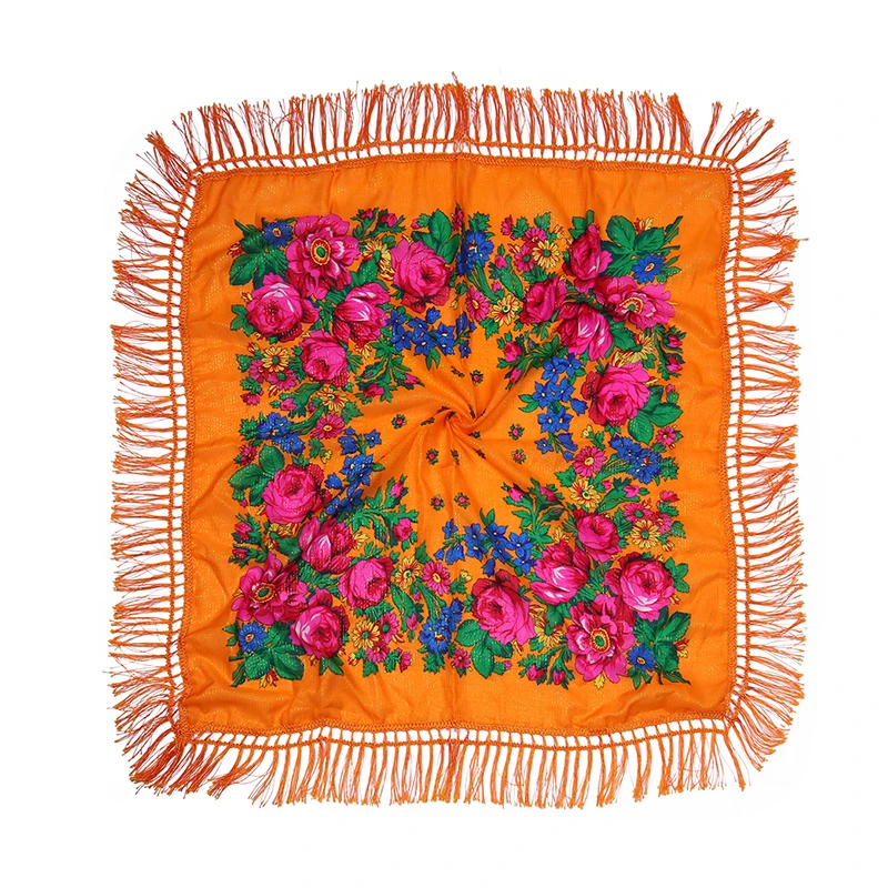 Bufanda de estilo étnico para mujer, pañuelo cuadrado con estampado acrílico con borlas, pañuelo árabe para la cabeza, chal de protección solar para vacaciones, 75x75cm