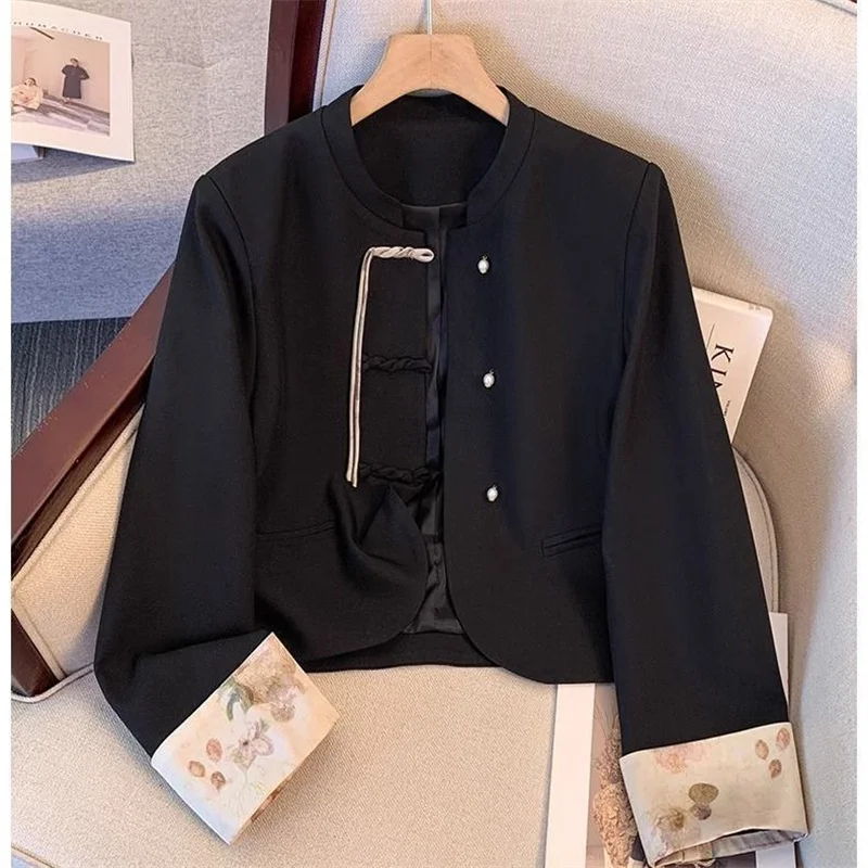 Blazer de estilo chino para mujer, Chaqueta de traje bonita con botones en 3D, color negro, estilo Popular, primavera y otoño, 2024